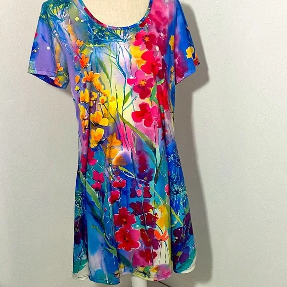 Colorful Short Sleeve Dress XL Pink Purple Yellow Floral Round Neckline Breezy - Picture 1 of 9